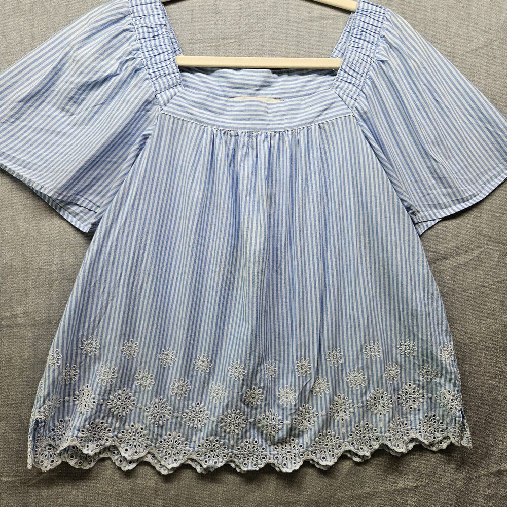 Loft Blue Stripe Eyelet Blouse Large Petite Casual Cotton Square Neck